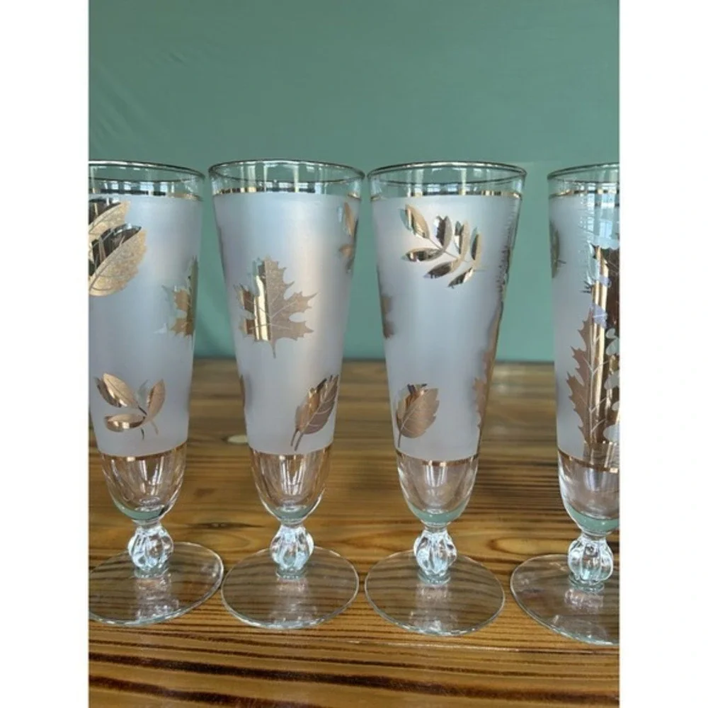 6-PC Vintage Libbey‎ Golden Foilage Pilsner Footed Glasses MCM